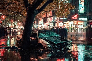 Naklejka premium Nighttime urban scene with car crash and crowd