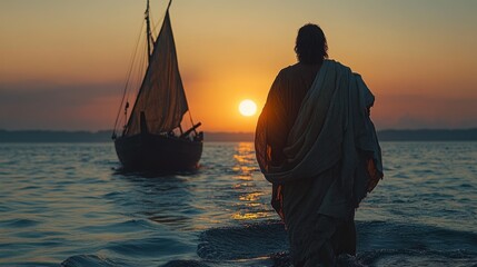Man wading ashore at sunset, sailboat approaches