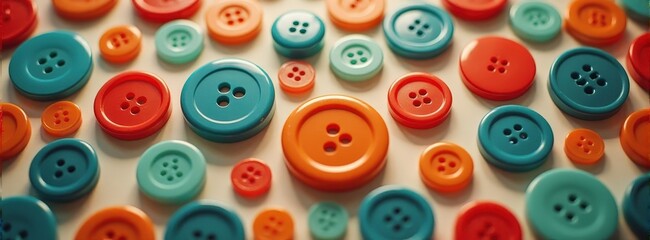Colorful assortment of red, blue, and orange sewing buttons on white surface.