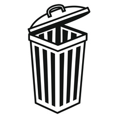 A black silhouette vector icon of a trash can or recycle bin, representing waste management. Ideal for environmental themes, cleaning services, home organization, and public spaces. Isolated on white.