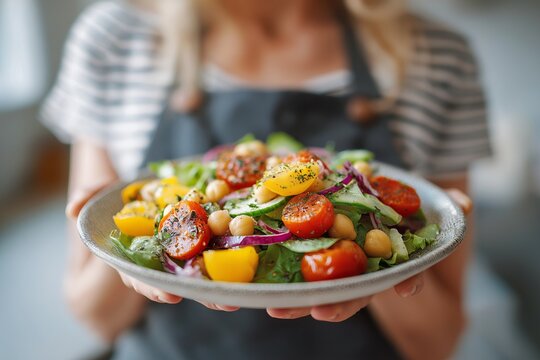 Woman holding plate of Empedrat, Catalan chickpea salad, filled with vegetables. Concept of healthy eating, vibrant flavors, Empedrat as centerpiece in kitchen.