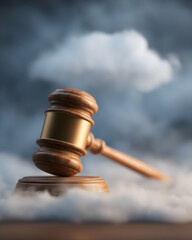 Wooden Gavel Floating Amidst Clouds Symbolizing Justice and Legal Matters with Soft Lighting in a Dramatic Atmosphere