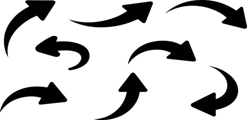 Collection of black curved arrows pointing in various directions for design and navigation elements on white background