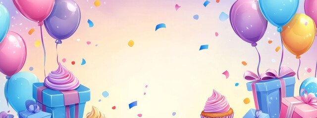 Birthday party frame with balloons, confetti, cupcakes, and gift boxes, pastel cartoon style with soft gradient background for text