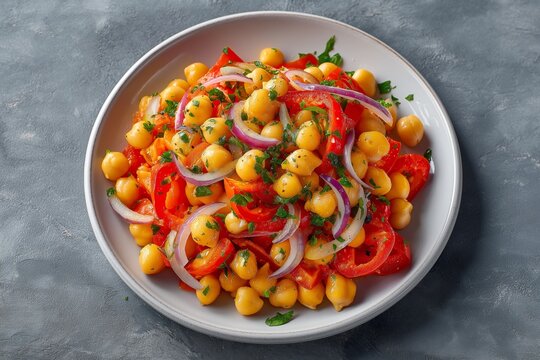 Plate of Empedrat, Catalan chickpea salad with roasted chickpeas, red bell peppers, red onions, cilantro. Concept of Empedrat, vibrant colors, appetizing arrangement.