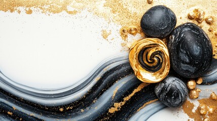 Arrangement with Stones, Gold, and Flowing Pattern on White Background