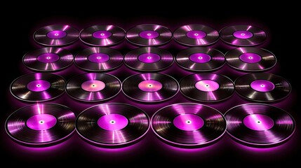 Vinyl Records Array with Pink Glow on Black Background