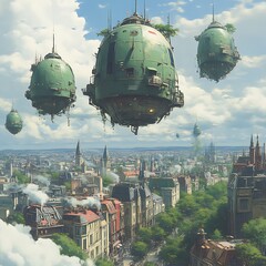 Floating Vehicles Over City Landscape