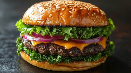 A juicy cheeseburger, stacked high with fresh ingredients, ready for a satisfying meal.