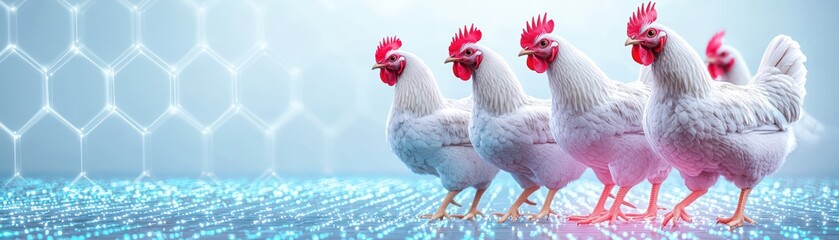 Fototapeta premium Modern Farm Scene with Realistic Chickens in Technological Environment and Futuristic Background