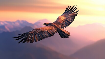 Fototapeta premium Majestic Eagle Gliding Over Serene Mountain Landscape at Sunset with Warm Glowing Sky and Vibrant Colors