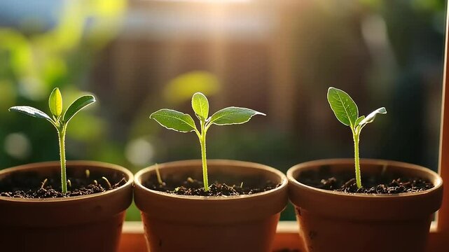 Three small green seedlings growing in terracotta pots on a sunlit windowsill with a blurred garden backdrop