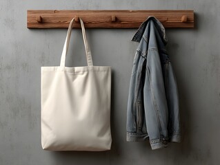 A cream-colored tote bag and a denim jacket hang neatly on a rustic wooden wall-mounted coat rack against a textured gray background.