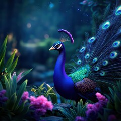 Fototapeta premium Vibrant Peacock Displaying Feathers in Lush Garden with Colorful Flowers and Soft Bokeh Background