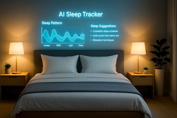 AI Sleep Tracker Interface. A modern bedroom scene showing an AI-powered sleep tracker hologram with pattern data and sleep tips.
