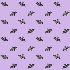 Seamless Halloween pattern with cute black bats on pastel purple background for children's fabric, spooky wrapping paper, party stationery, autumn packaging and festive design crafts