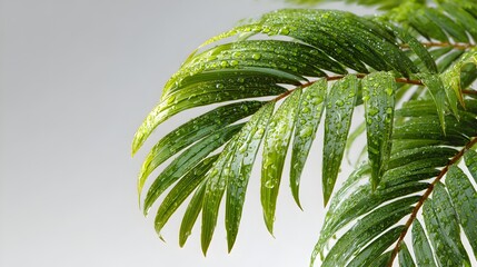 Lush green palm fronds glistening with fresh water droplets against a soft gray background perfect for tropical themed designs or refreshing summer