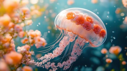 Fototapeta premium A radiant jellyfish, decorated with vibrant roses, drifts serenely in a tranquil, watery world.