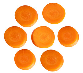 Top view set of beautiful orange carrot slices in set in circle shape isolated on white background with clipping path