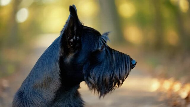 Close-up of a Black Schnauzer with soft lighting and bokeh background. black schnauzer dog profile with shiny fur and bokeh background, elegant smart schnauzer close-up with natural light