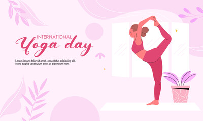 International Yoga Day Flat Hand Drawn Illustration with Woman Performing Yoga Poses. Perfect for Banner, Background, Poster, Wellness Campaigns, Yoga Promotions, Ad Templates, and Digital Content.