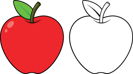 Red Apple with Green Leaf and Brown Stem Plus Apple Outline Drawing for Coloring Pages, Clipart, Educational Resources, Fruit Illustrations, Printable Art, Kids Activities, Learning Tools