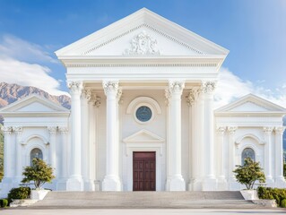 Fototapeta premium Majestic White Classical Building with Pillars Against Blue Sky and Mountains in the Background