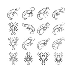 Lobster and Shrimp Transparent Line Art Vector Set for Seafood Graphic Projects