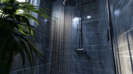 Serene Rainfall Shower in Modern Dark Bathroom