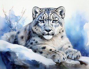 Obraz premium Schneeleopard auf Felsen – Aquarell in kühlen Farbtönen
