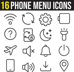 set of 16 mobile phone menu icons set with editable stroke, setting icon, wifi, recycle, battery, torch, dark mode, flight mode,