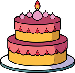 Stunning Two-Tier Pink Birthday Cake with Lit Candle, Frosting, Scalloped Decoration, Festive Party Dessert for Special Occasions, Elegant Layered Confectionery for Celebrations