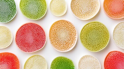 Colorful and Artistic Arrangement of Decorative Plates with Intricate Patterns and Vivid Colors on a White Background