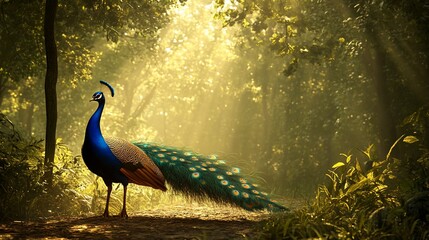 Majestic Peacock in Sun-Dappled Forest