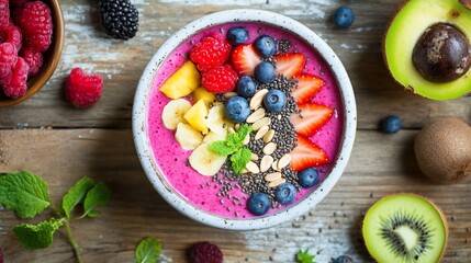 Vibrant Pink Smoothie Bowl with Tropical Fruits and Berries