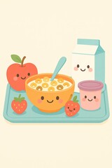 Cute cartoon breakfast tray with cereal bowl, milk, yogurt, apple and strawberries. Playful morning meal concept designed to promote healthy eating for kids