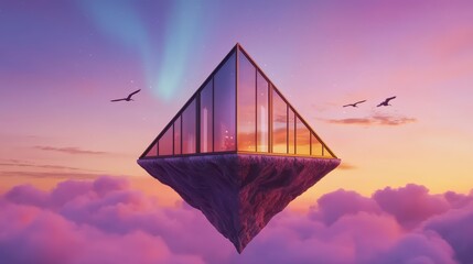 Floating Pyramid Structure in Ethereal Sky with Aurora Borealis and Birds at Dusk
