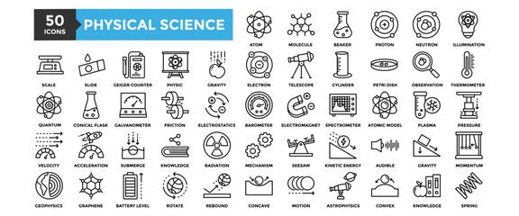50 Physical Science icon set. Containing design science, education, physical, concept, physics	