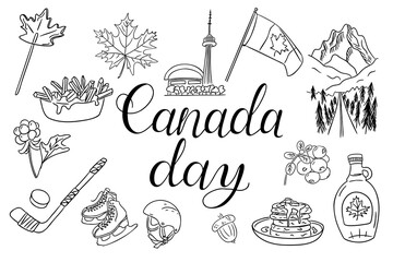 Canada Day doodle set with traditional symbols, food and landmarks in hand drawn style. Celebrates Canadian culture, patriotism and national identity through festive illustration