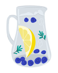 Glass jug with lemon slices, blueberries, herbs and ice cubes in fresh summer drink style. Symbolizes healthy hydration, freshness and organic beverage concept