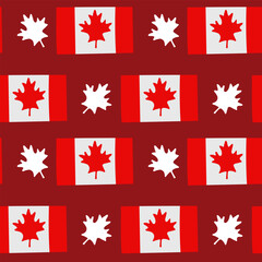 Seamless Canadian flag pattern with alternating maple leaves in bold red and white colors. Represents national pride, unity and celebration of Canada through iconic symbolism