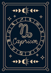 Elegant Capricorn zodiac card with hand drawn constellation and moon phases in mystic style. Represents astrology, personality traits and cosmic guidance through celestial symbolism