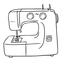 Hand drawn illustration of a sewing machine with simple line art on white background. Symbolizes craftsmanship, creativity and the art of handmade textile production
