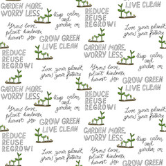 Seamless eco-themed pattern with hand drawn sprouts and inspirational gardening quotes. Promotes sustainability, green living and environmental mindfulness through design