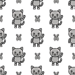 Seamless vector pattern featuring cute robotic cats and mice in grayscale, perfect for childrens products or playful designs.