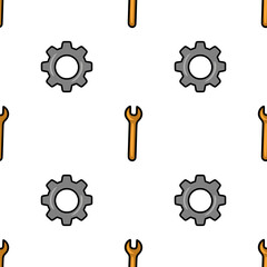 Seamless vector pattern featuring repeating grey gears and orange wrenches, a simple yet effective design for industrial or mechanical contexts.
