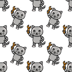 Seamless vector pattern featuring adorable grey robotic cats holding wrenches, showcasing a playful and charming design ideal for kids products or tech-themed projects.