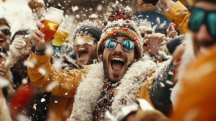 Euphoric Snow Festival Revelers Toasting with Beer