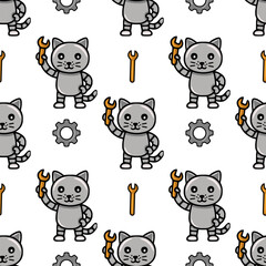 Seamless vector pattern featuring cute robotic cats holding wrenches and gears, a playful design in grey and orange tones.