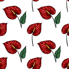 Seamless vector pattern of vibrant red Anthurium flowers and green leaves, a striking tropical design ideal for textile prints, wallpapers, and packaging.